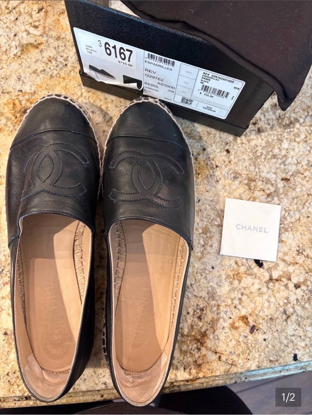 CHANEL Black Leather Espadrille Slip-Ons with CC Logo